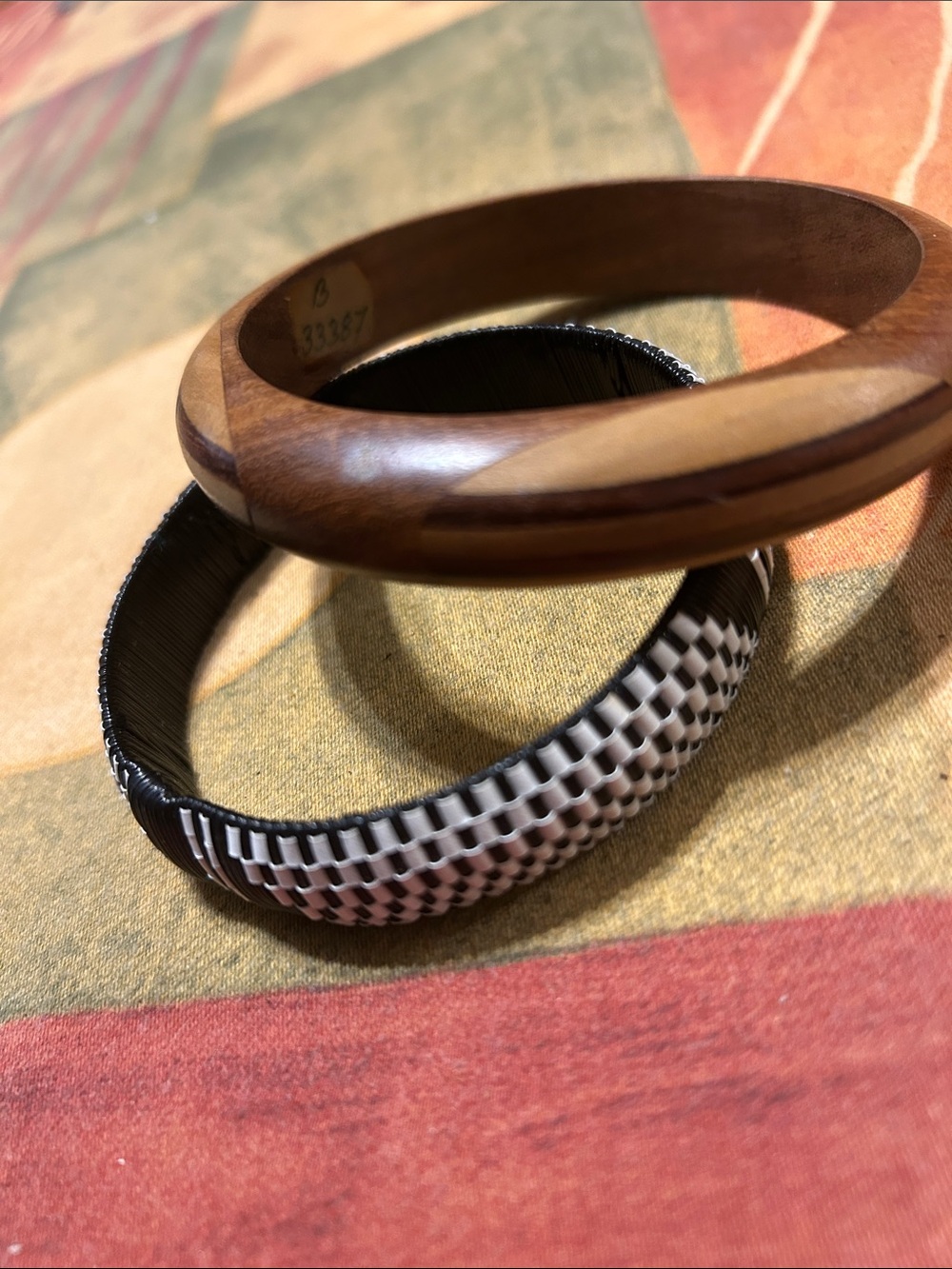 Wood and Black-White Woven Bangle Set